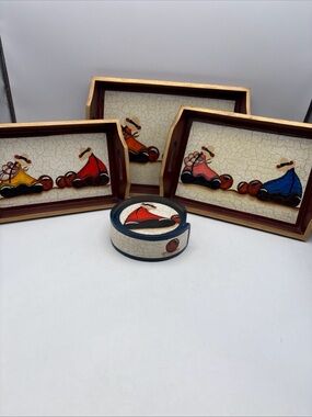 Vintage Hand-Painted Decorative Trays with Matched Coaster - Multicolor